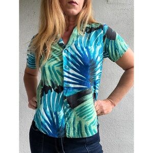 Women’s Jams World Retro Palmier Blue Green Tropical Hawaiian Top Blouse Sz XS